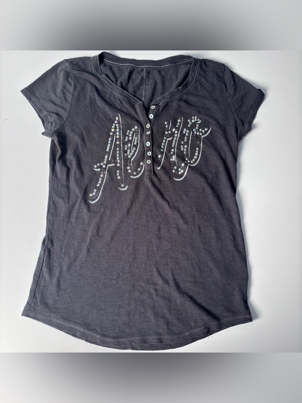 Vtg Y2K Aeropostale Rhinestone Graphic Henley Tee - Charcoal Gray